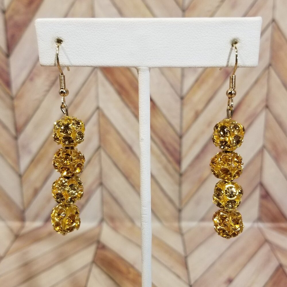 Gold Rhinestone Earrings, 4 Beads